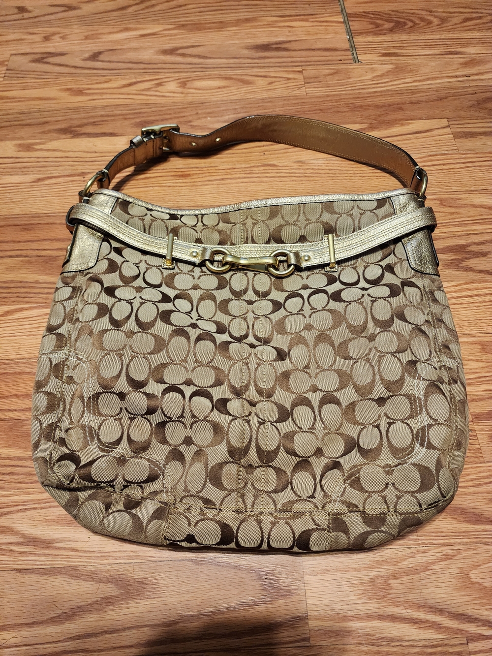Coach Brown Signature Canvas Shoulder Bag with Gold Hardware